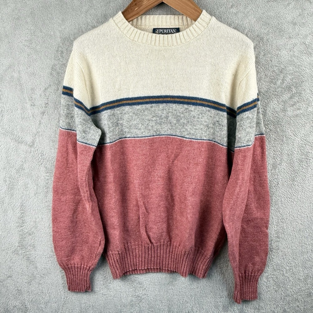 Puritan Sweater Mens L Scottish Wool Blend‎ Colorblock Pullover USA Made VTG